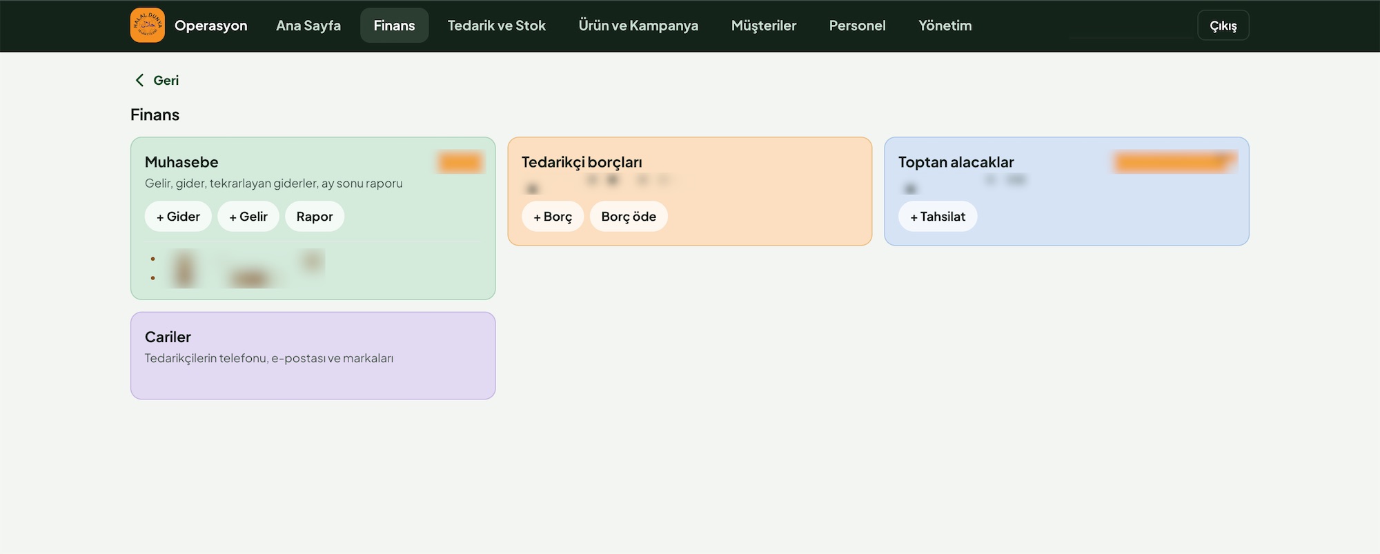 Operasyon paneli finans ekranı