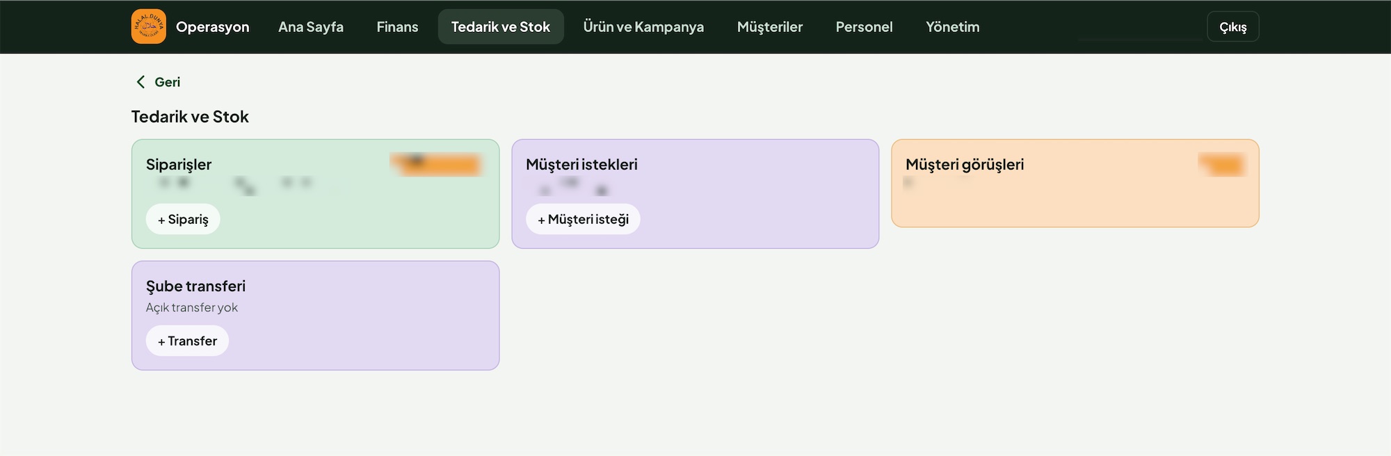 Operasyon paneli tedarik ve stok ekranı