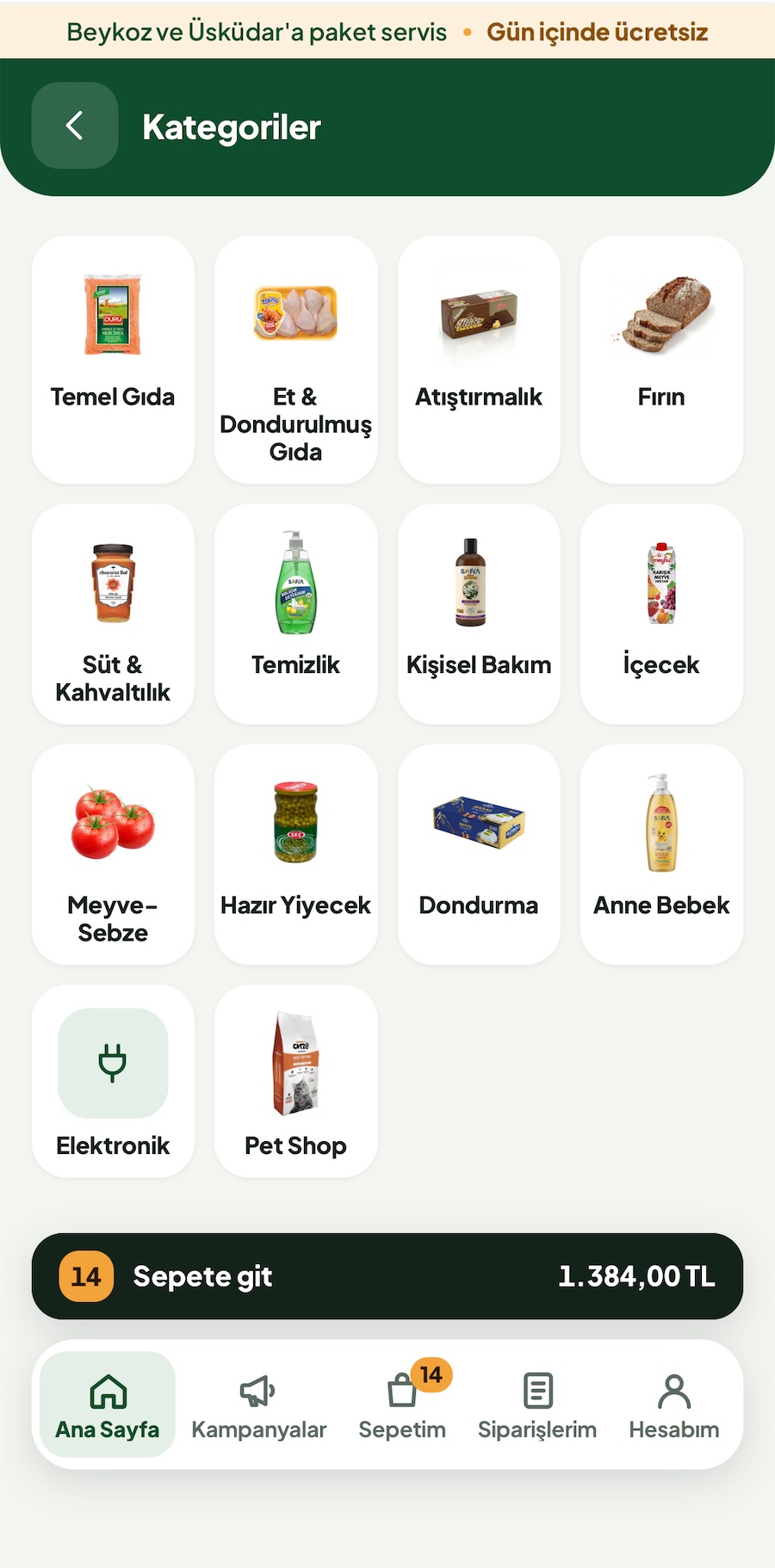 Satış uygulaması mobil kategoriler ekranı